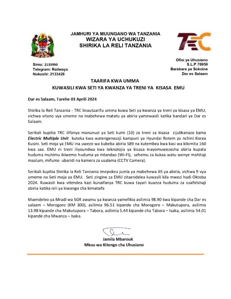 Seti ya kwanza ya Treni ya Kisasa EMU yawasili nchini